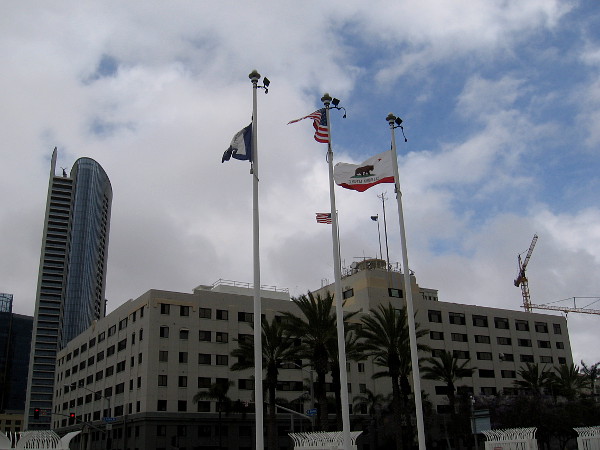 The wind was blowing hard, and flags were flapping wildly.