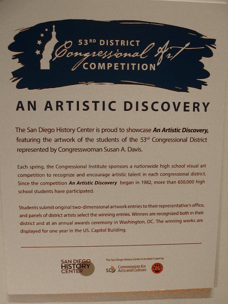 An Artistic Discovery is an exhibition that showcases the artwork of students in the 53rd Congressional District. Winning works are displayed in the U.S. Capitol Building.