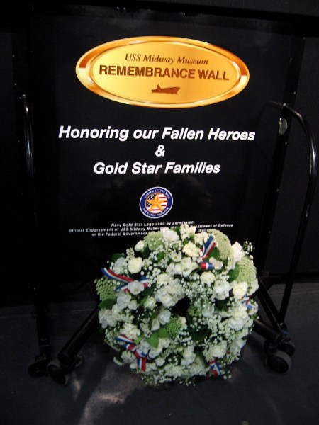 A wreath for Memorial Day weekend. USS Midway Museum Remembrance Wall. Honoring our Fallen Heroes and Gold Star Families.