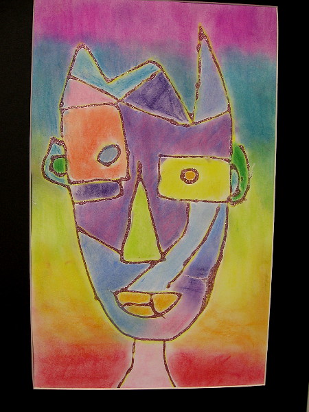 Jessie Hsu, Abstract Face in Glitter, 2019. Pastel and glitter glue on paper. Grade 2, E. B. Scripps Elementary School.