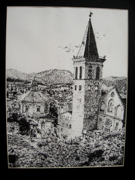 Jaime Barrozo, The Steeple, 2019. Black ink Pointillism on paper. Grade 8, Correia Middle School.