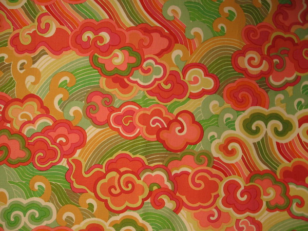 "Happiness" Yardage, 1967, machine-woven, hand-screen printed linen and wool. Jack Lenor Larsen, whose signature pattern remained in production for decades.