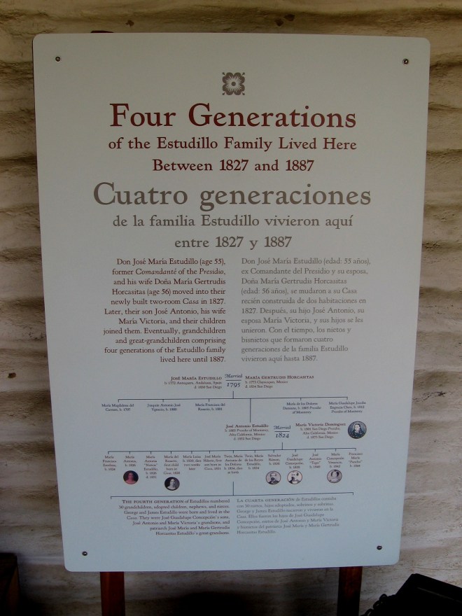 Four generations of the Estudillo family lived here between 1827 and 1887. Don José Maria Estudillo was former Comandante of the Presidio.
