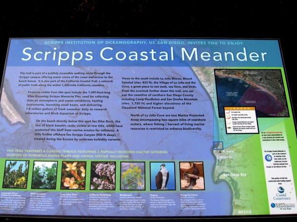 Sign describes the Scripps Coastal Meander, a publicly accessible walking route through the Scripps campus. It is part of the California Coastal Trail.