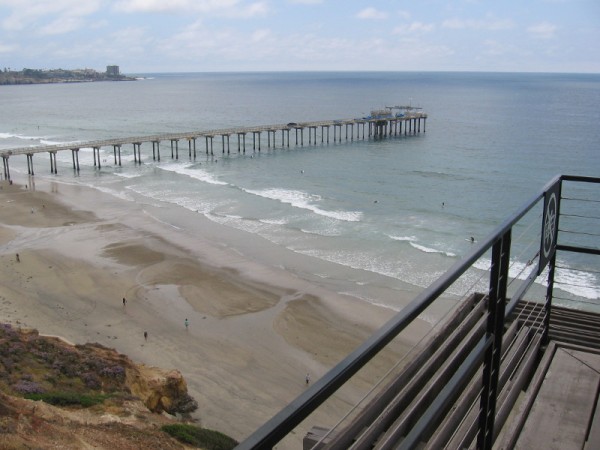Looking southwest at Ellen Browning Scripps Memorial Pier, which is used for ocean research by the Scripps Institution of Oceanography.