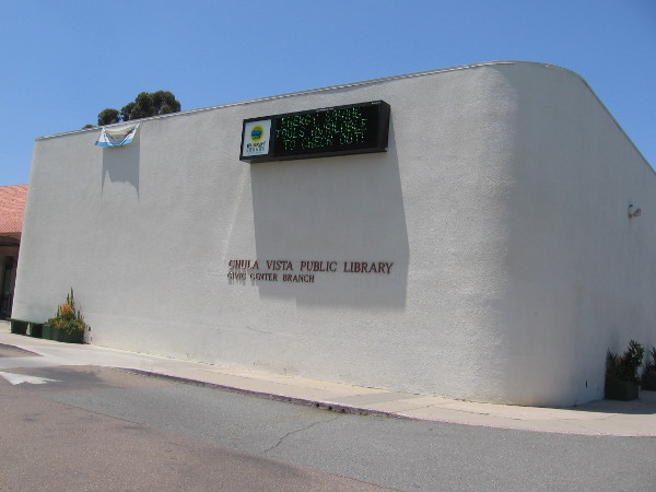 The front of the Chula Vista Public Library, seen from the parking lot entrance.