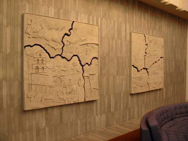 Two bas-relief sand sculpture panels by renowned artist Charles R. Faust in the lobby of 2550 Fifth Avenue in San Diego.