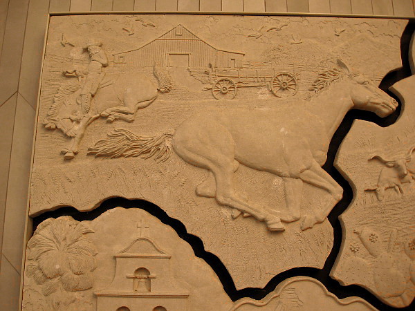 Scenes from the Old West in San Diego, including an old wagon and a ride on a bucking horse.