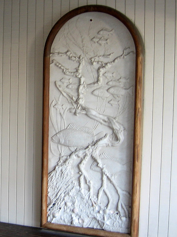 Beautiful relief panel at entrance to the Embarcadero’s now closed Anthony’s Fish Grotto. An underwater scene.
