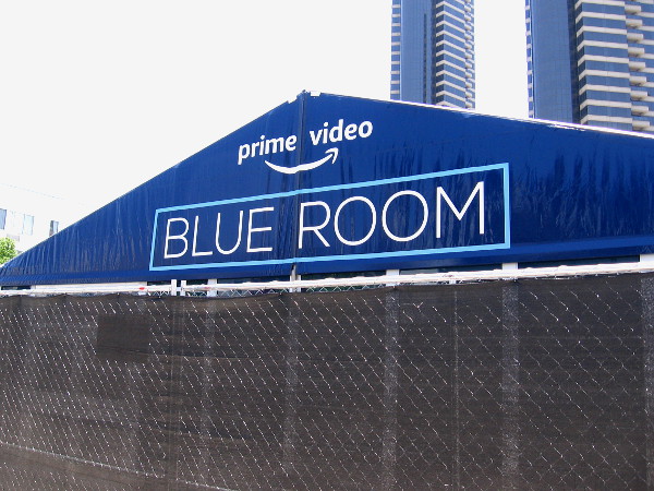 Canopy for Prime Video Blue Room appears during Amazon's offsite construction before 2019 Comic-Con.