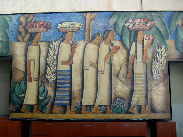 Section of fine art mural El Dia del Mercado by Alfredo Ramos Martínez inside the Coronado Library.