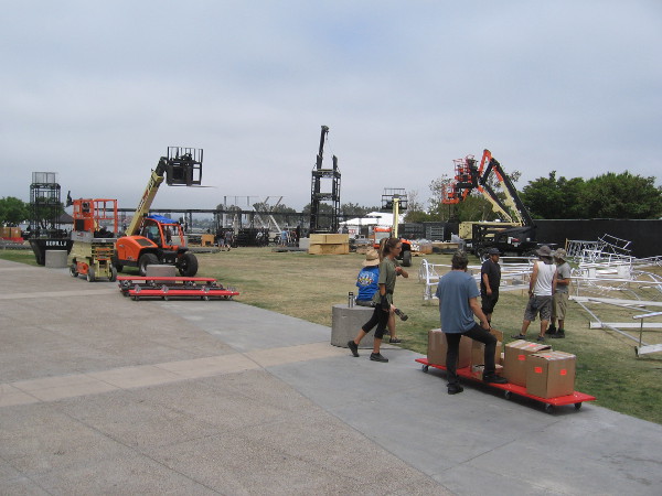 The grassy area behind the San Diego Convention Center is now buzzing with Comic-Con offsite construction.
