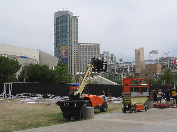 Looking across Harbor Drive, one can see the Animation Domination wrap, which is being applied on the Omni.