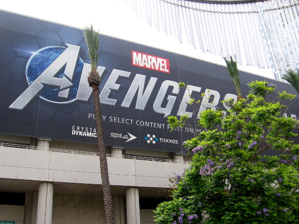 As I walked past the Hilton parking structure, I aimed my camera up at one of the big Marvel's Avengers video game banners.