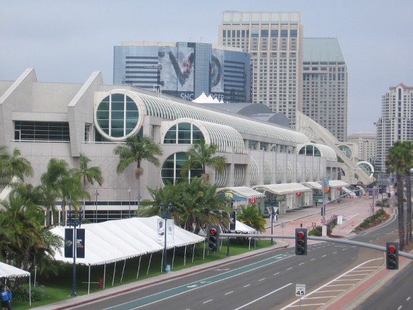 Harbor Drive and the convention center viewed from the pedestrian bridge, with four day to go until 2019 Comic-Con! Looks pretty quiet right now.