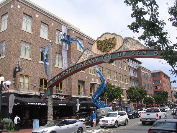 A mysterious wrap was going up late this morning near the Gaslamp Quarter landmark sign.