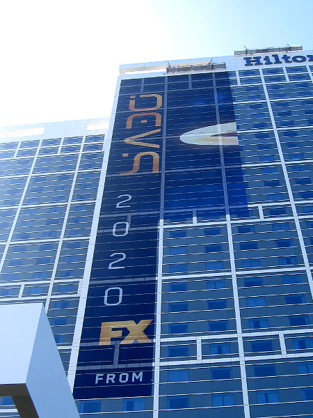 The big Hilton wrap promotes upcoming science fiction/technology show Devs on FX.