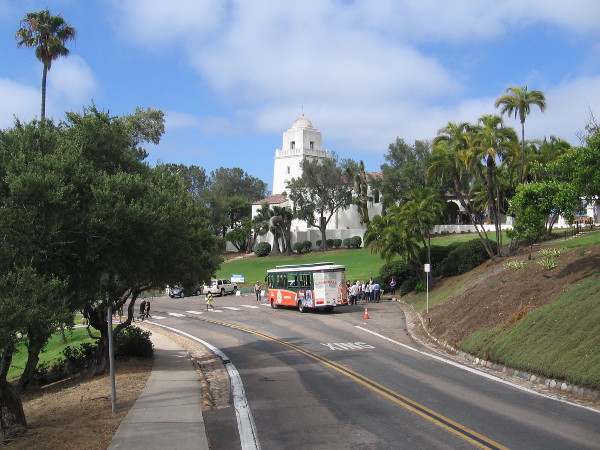 Prior to the ceremony, I walked a bit through Presidio Park. I took a photograph of VIPs arriving by Old Town Trolley at the Serra Museum.