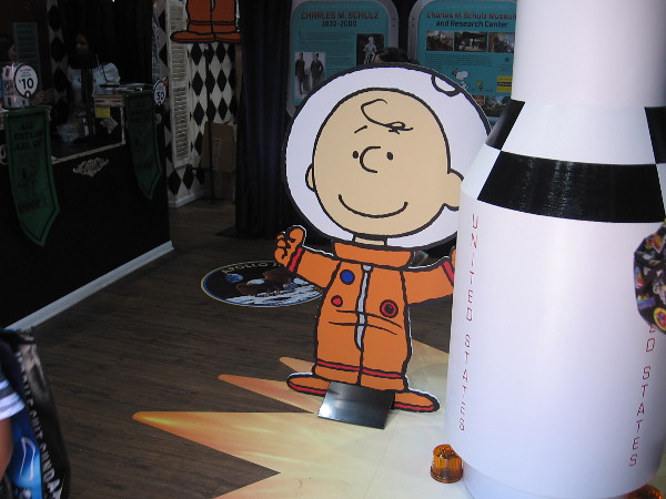 Charlie Brown welcomes visitors to the Peanuts Pop-Up Shop in San Diego during 2019 Comic-Con, on the 50th anniversary of the first moon landing.
