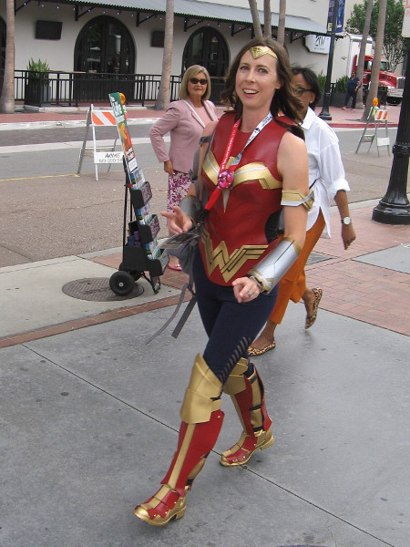 Wonder Woman cosplay. She was in a hurry to vanquish a villain down the street.