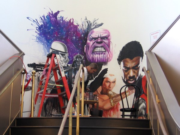 Comic book artist Rob Prior paints a cool mural inside the Theatre Box in San Diego.