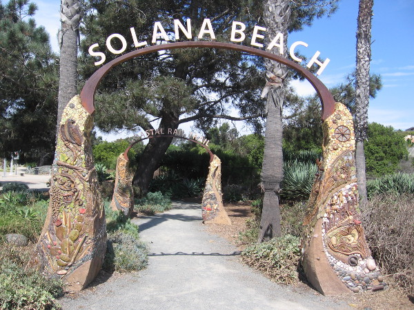 Two arches by artist Betsy Schulz welcome walkers and riders to Solana Beach's Coastal Rail Trail at Highway 101 and Via de la Valle.