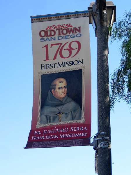 A banner on an Old Town lamp post remembers the year 1769, when Junípero Serra founded a Spanish mission in San Diego.