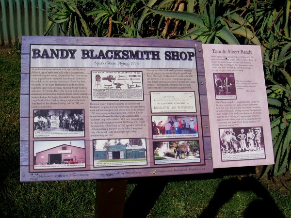 The 1947 Bandy Blacksmith Shop was reconstructed in Grape Day Park in 1993. The building is used today for education and blacksmithing demonstrations.