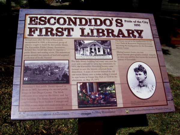 Escondido's First Library opened in 1895. In 1971 the Escondido Historical Society saved it from demolition and moved it to Grape Day Park.