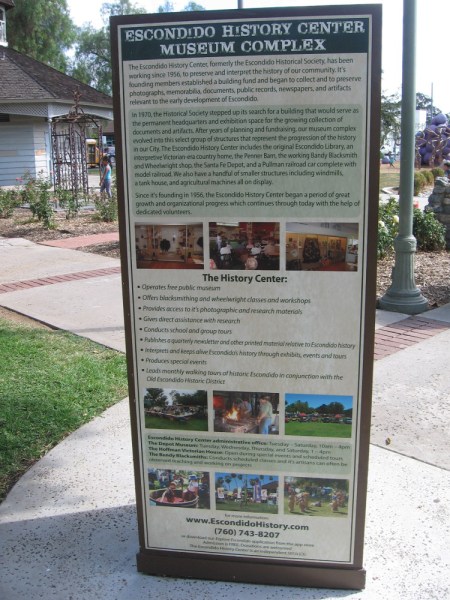 Sign details the mission and work of the Escondido History Center, formerly the Escondido Historical Society, which was founded in 1956.