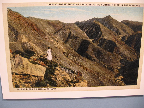 Carriso Gorge showing track skirting mountain side in the distance, on San Diego and Arizona Railway.