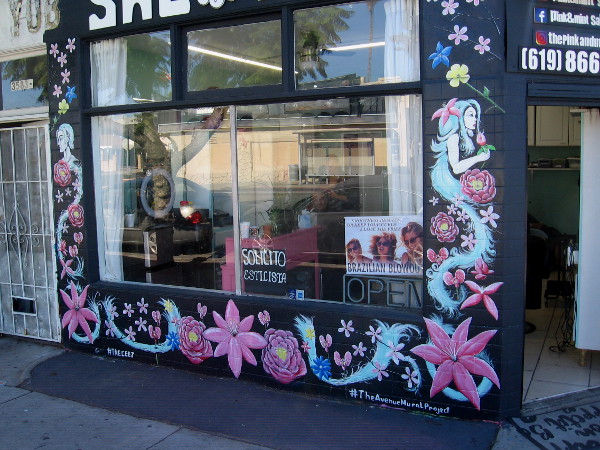 Another new #TheAvenueMuralProject mural in City Heights decorates the front of Pink and Mint Salon.