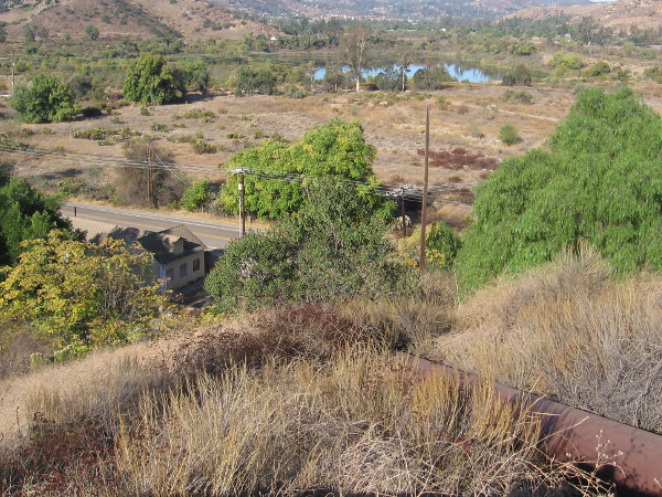 Looking down toward the pump station and El Monte Road. An old pipeline that ascends from the station is visible in this photo.