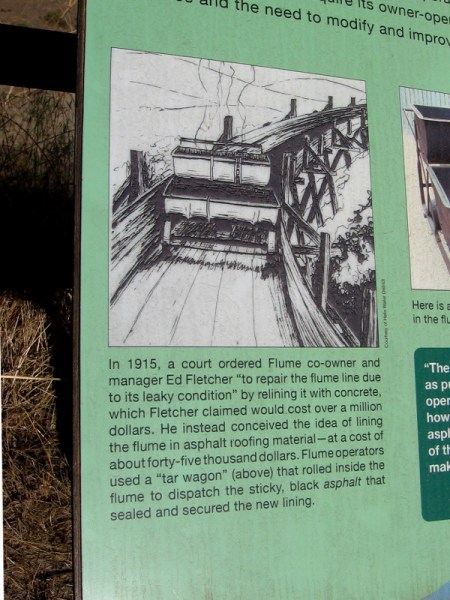 In 1915, a court ordered Ed Fletcher to repair the leaky flume. He lined it cheaply with asphalt roofing material using a rolling tar wagon.