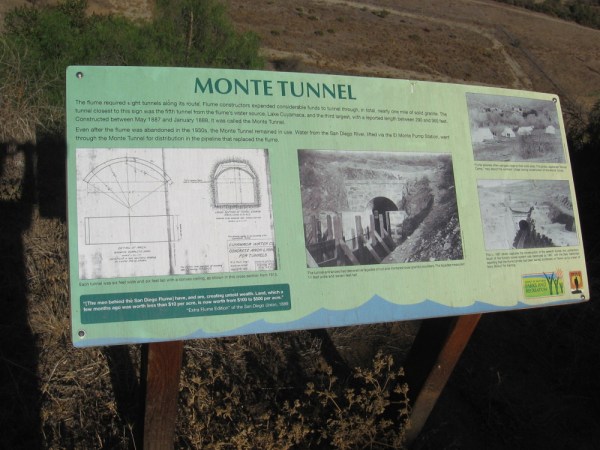 The flume needed eight tunnels along its slowly descending route. The Monte Tunnel was the fifth tunnel from the flume's water source, Lake Cuyamaca.