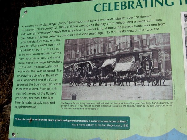 San Diego residents were thrilled at the flume's completion in 1889. There was a parade and a fountain of water. But it wasn't flume water. There was a blockage somewhere up the line!