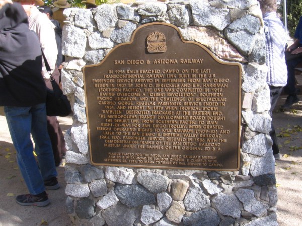 In 1916 rails reached Campo on the last transcontinental railway link built in the United States. The line was completed in 1919. The line was eventually purchased by MTS to gain right-of-way for the San Diego Trolley in the city of San Diego.