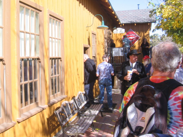 Visitors wait in line at the old Campo depot to pick up tickets for a train ride during the centennial event.