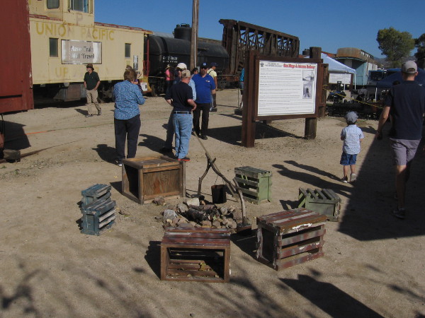 A recreated hobo encampment with campfire.