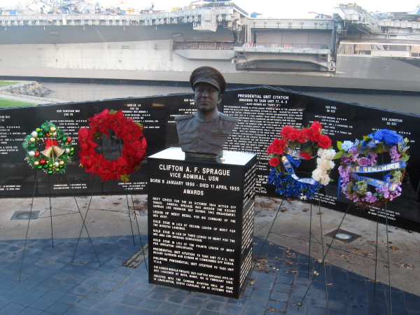 Four wreaths of remembrance have been placed at the Battle of Leyte Gulf Memorial near the USS Midway Museum.