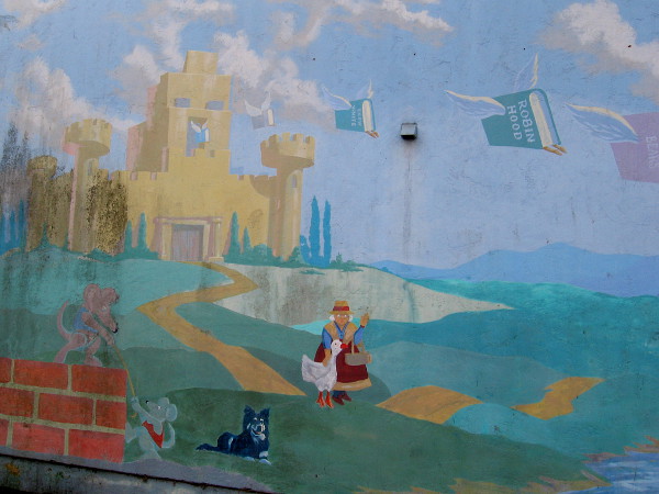 Favorite fairy tale and storybook characters come to life in a faded mural by the Linda Vista Library.