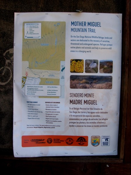 The Mother Miguel Mountain Trail is inside the San Diego National Wildlife Refuge. Stay on the trails to protect the habitat of many animal and plants species, some of which are endangered.