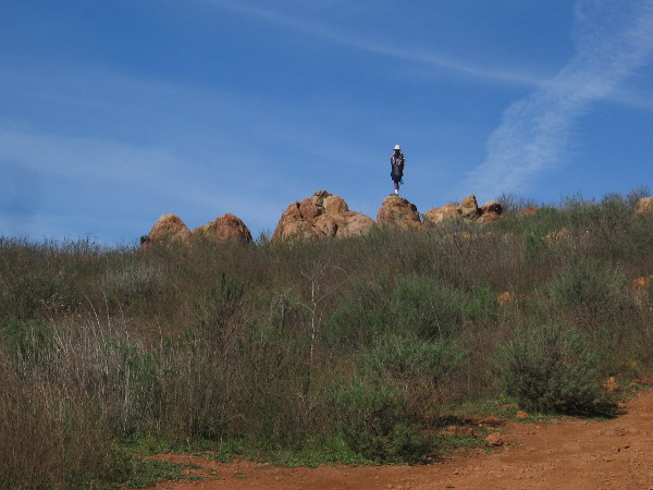 Someone stands on an outcropping just below the summit of Mother Miguel Mountain.