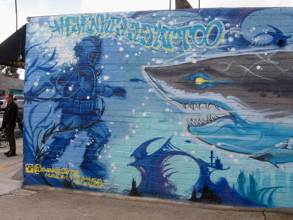 Left part of fantastic shark mural at Even Keel Tattoo, by artists Nate Banuelos and Kyle Walker.