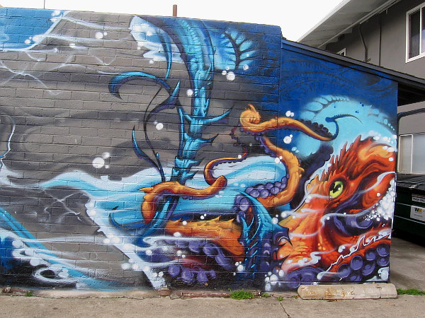 Right side of mural, with many fantastic, romantic, sea-themed elements.