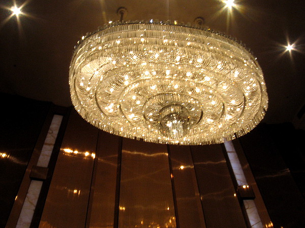 Looking up at the impressive chandelier in the Grand Salon of the San Diego Civic Theatre.