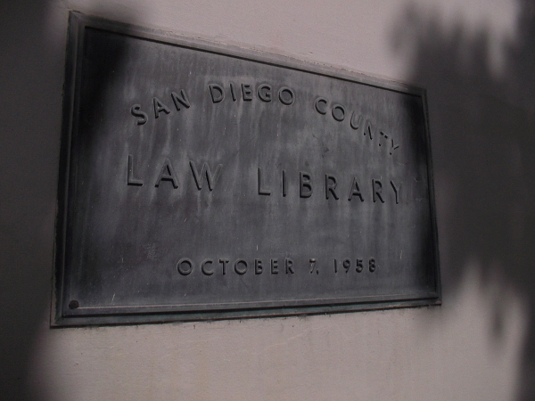 Plaque outside the San Diego County Law Library, dedicated October 7, 1958. The building was renovated in 2011 with technological updates and multi-use spaces.