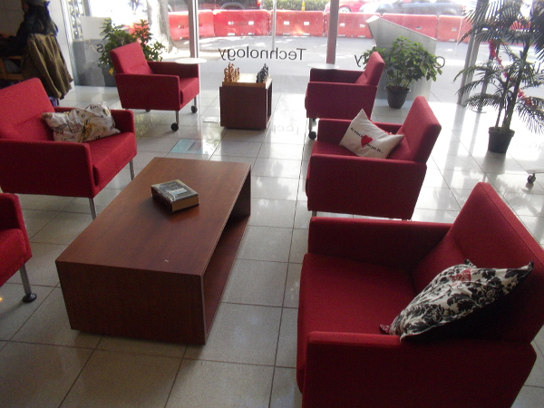 A look at the comfy commons area, where anyone can lounge (and perhaps play chess) near the library's large front windows.