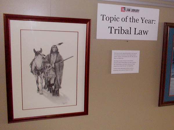 One display includes artwork concerning the Law Library's Topic of the Year: Tribal Law.