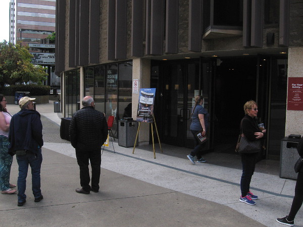 Waiting outside in Civic Center Plaza for the tour to begin.